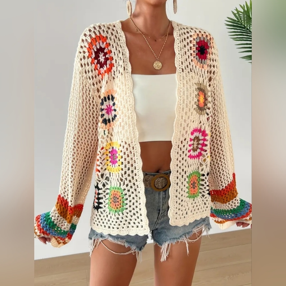 Boho Crochet Open-Front Sweater NWOT